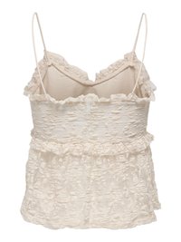 Haut sans manches en dentelle crème avec fines bretelles ajustables, bords froncés et motif floral texturé.