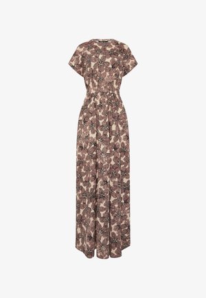 Robe longue à manches courtes, taille cintrée, fond beige avec un grand motif floral marron.