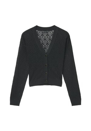 Schwarzer Cardigan mit V-Ausschnitt, langen Ärmeln, strukturiertem Rautenmuster und sechs runden Knöpfen vorne.