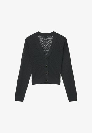 Black cardigan featuring a V-neckline, long sleeves, textured diamond pattern, and six circular buttons down the front.