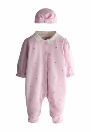 Body roz pentru bebeluși din bumbac, cu mâneci lungi, guler rotund, nasturi în față și modele cu inimioare. Include o pălărie roz asortată, cu detaliu fundă.