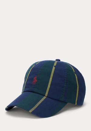 Baseball cap in navy blue and green cotton with yellow stripes. Features embroidered logo on front and a curved visor.