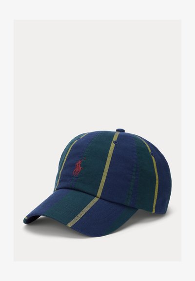 Căciulă de baseball din bumbac bleumarin și verde, cu dungi galbene. Prezintă un logo brodat în față și un vizor curbat.