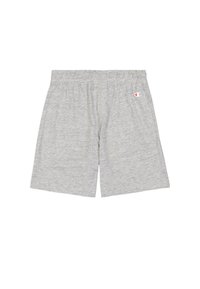 Pantaloni corti grigi in cotone con vita elastica, caratterizzati da un dettaglio logo laterale. Il design è semplice, con una linea dritta e senza tasche.