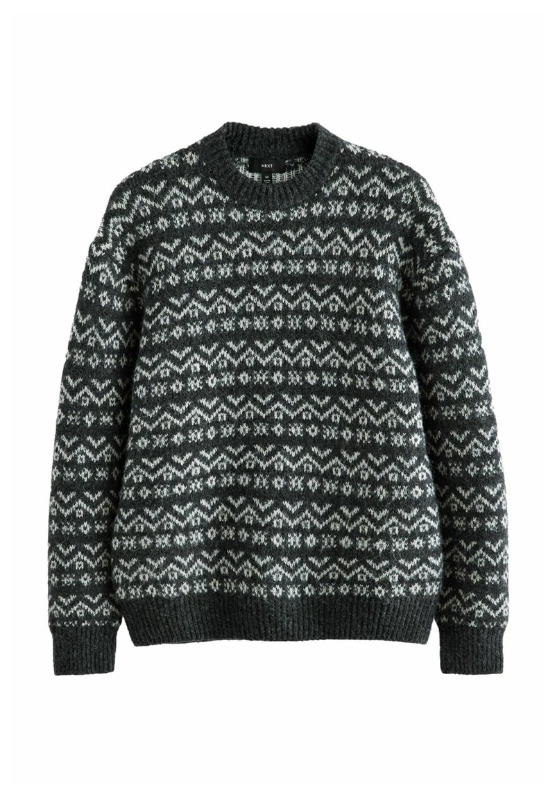 Suéter de punto verde oscuro con un patrón repetido de copos de nieve blancos y ondas. Cuello redondo y puños y dobladillo acanalados. Textura suave.