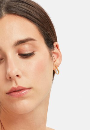 Guldtonet hoops ørepynt med et snoet design, der har en glat overflade og en klar krystal accent. Båret på en models øre.