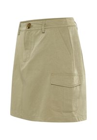 Light khaki short with a smooth, textured finish. Features a front button, two side pockets, and a cargo pocket on the right side.