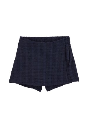 Dunkel marineblauer, strukturierter Wickelrock mit angenähten Shorts und seitlichem Bindverschluss.