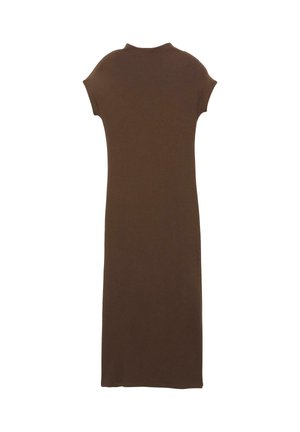 Hnědress, po kolena, vyrobený z hladkého elastického materiálu s přiléhavým střihem, se krátkými rukávy a vysokým výstřihem.