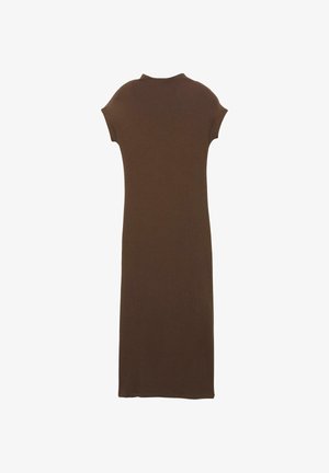 Brown, knee-length dress made of smooth, stretch fabric with a fitted design, featuring short cap sleeves and a high neckline.