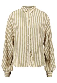 Camicia a maniche lunghe di colore crema con strisce verticali senape. Presenta una chiusura con bottoni sul davanti e una vestibilità rilassata con maniche gathered e voluminose.
