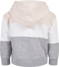 Hettegenser i rosa, hvit og grå med fargeblokkeringsdesign. Laget av mykt stoff, med kengurulomme og ribbede mansjetter.