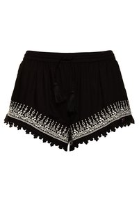 Shorts noirs en tissu doux, ornés d'un large motif brodé blanc à l'ourlet, avec des pompons noirs et une taille élastique.