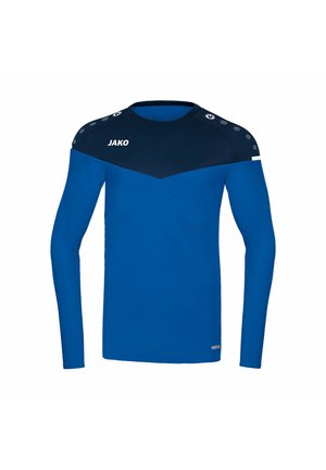 Langärmliges Sportshirt in leuchtendem Blau mit marineblauem Einsätzen an den Schultern und dem weißen "JAKO"-Logo. Glatte Textur über die gesamte Fläche.