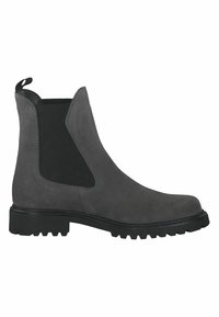 Stivale alla caviglia in suede grigio con pannelli laterali elastici neri e suola in gomma testurizzata. Presenta una linguetta per una facile vestibilità.