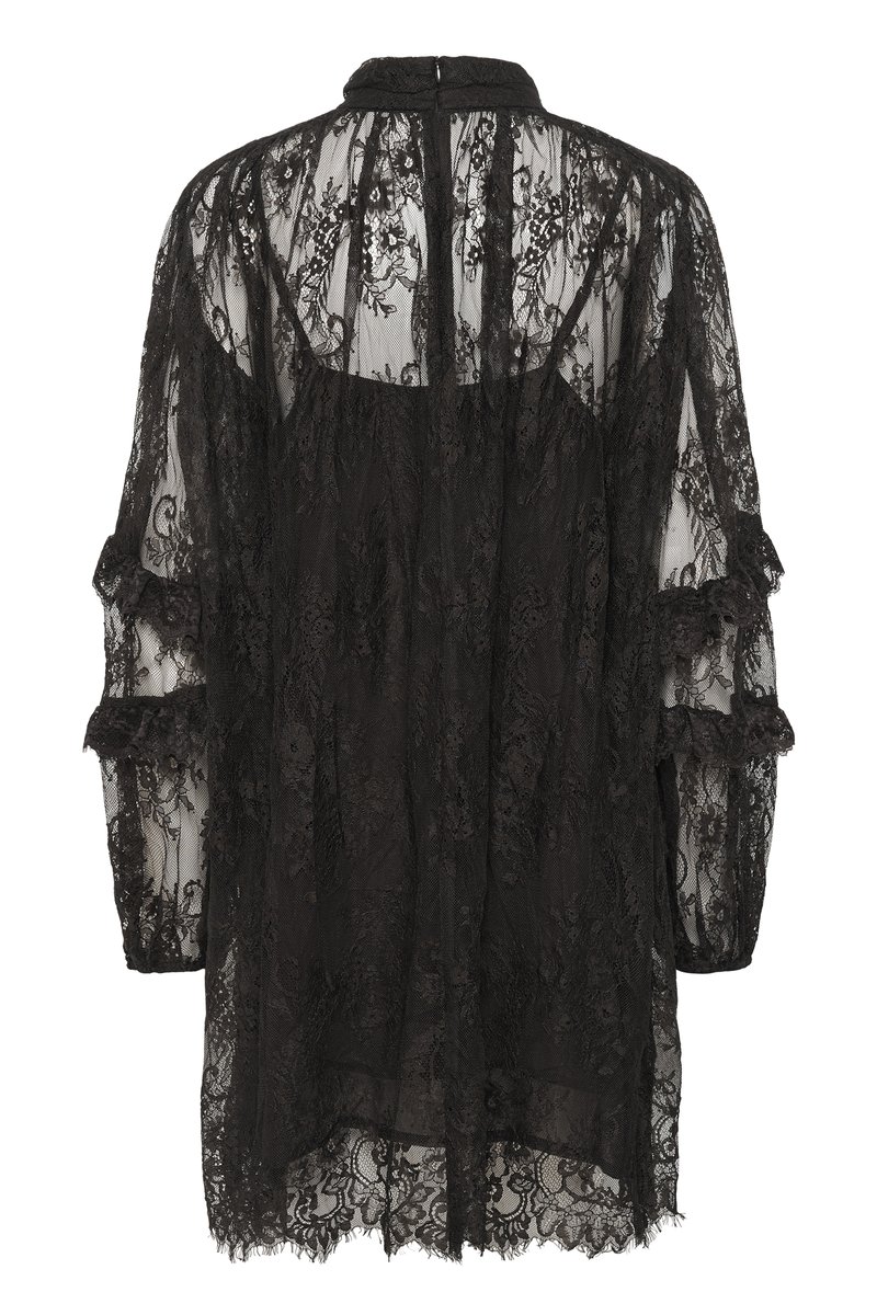 Black lace cardigan with sheer texture, long sleeves, and ruffled accents. Features a high collar and an open back design.