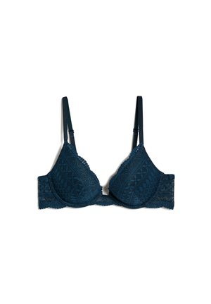 Donker teal kanten bh met een geometrisch patroon, driehoekige cups, verstelbare bandjes en een golvende rand langs de halslijn en band.