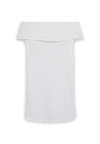 Top bianco off-the-shoulder con un ampio colletto, design aderente, senza maniche e di texture liscia. Nessun motivo o hardware visibile.