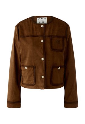 Brown suede jacket with long sleeves, four silver buttons down the front, and three front pockets, one with faint "OUI" text.