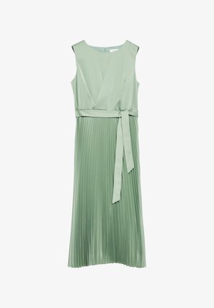 Ärmelloses Midi-Kleid in Salbeigrün mit plissiertem Rock, Stoffgürtel, der in der Taille gebunden wird, und rundem Ausschnitt mit Rückenreißverschluss.