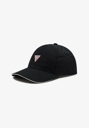 Black baseball cap made of cotton with a curved brim, featuring a triangular embroidered logo on the front and white accent stitching.