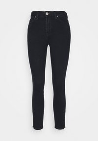 Jeans ajustados de denim negro con cintura alta, que cuentan con un estilo de cinco bolsillo, cierre de cremallera y herrajes en tono plateado. Textura suave en todo su diseño.