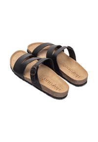 Black sandals with two wide straps and a buckle, featuring a cork footbed and textured rubber outsole for grip.