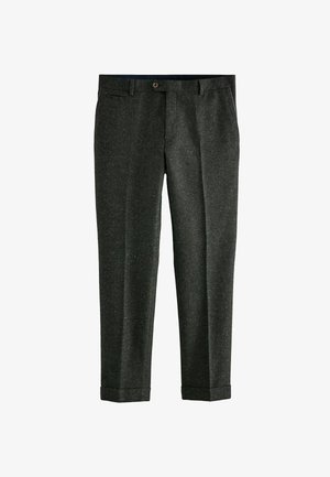 Pantaloni gri dintr-un material texturat cu stropi de culoare, dotati cu închidere cu nasture și tiv răsucit la mansete. Două buzunare laterale.