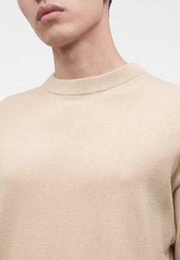 Homme portant un pull beige à col rond, montrant le cou, le bas du visage et le haut de la poitrine sur un fond uni clair.