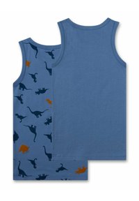 Canotta blu caratterizzata da un design senza cuciture su un lato e da un motivo stampato con diversi dinosauri in blu navy e arancione sull'altro lato.
