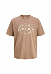 Braunes Baumwoll-T-Shirt mit Rundhalsausschnitt, das einen weißen Grafikdruck mit dem Text "Jack & Jones" und "Seit 1990" in einem ovalen Design zeigt.