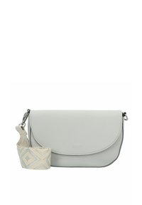 Borsa a tracolla in pelle grigia con patta di chiusura e tracolla decorativa intrecciata con motivi geometrici in beige e accenti argentati.
