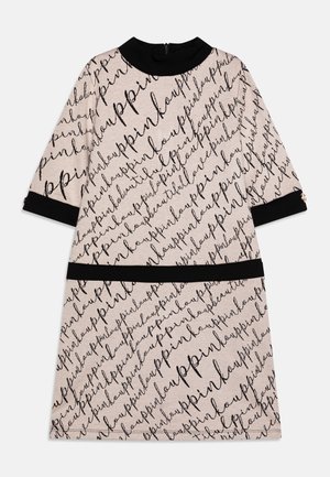 Light pink dress with black text pattern, round neckline, three-quarter sleeves, black accents at cuffs and waist, zip closure at the back.