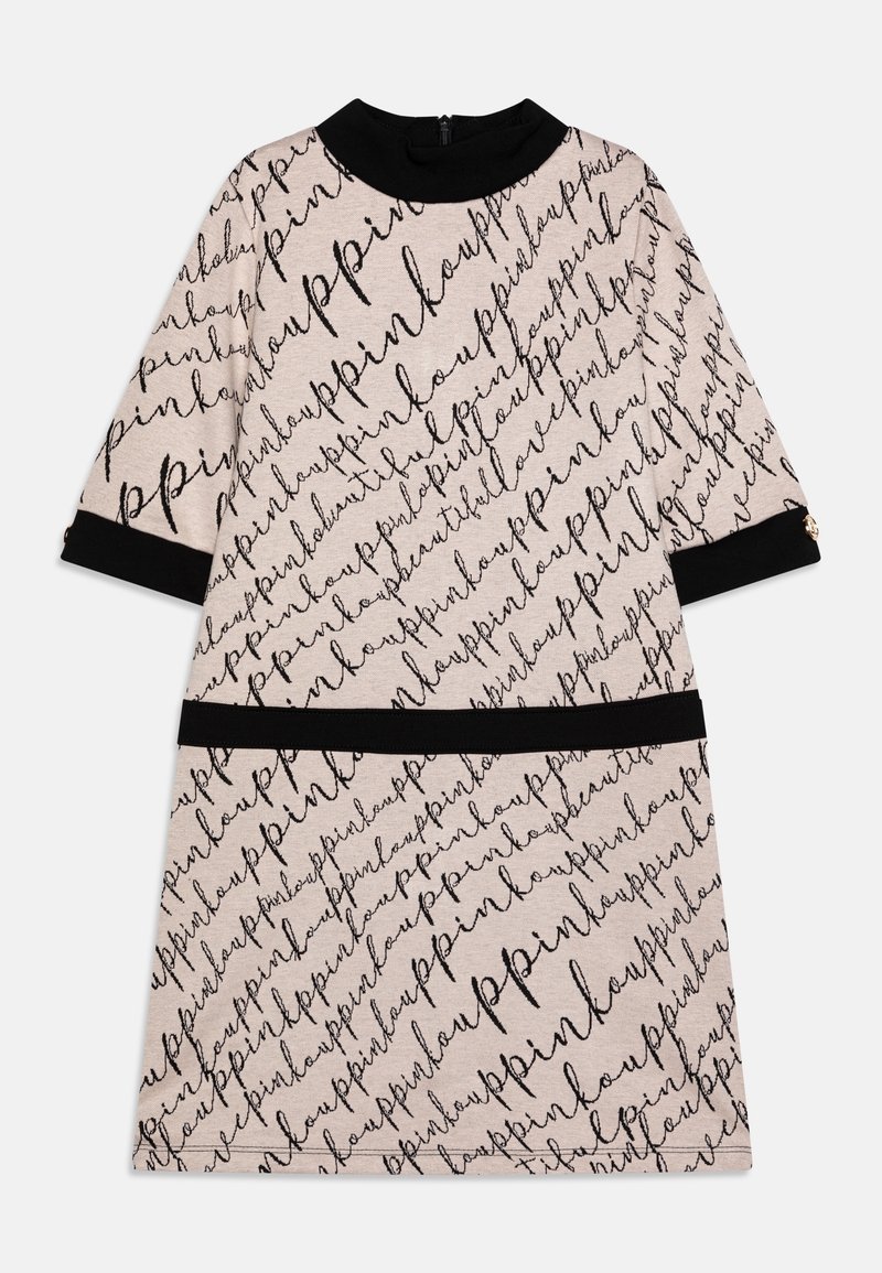 Light pink dress with black text pattern, round neckline, three-quarter sleeves, black accents at cuffs and waist, zip closure at the back.