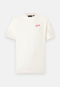 Λευκό βαμβακερό T-shirt με κοντά μανίκια και στρογγυλή λαιμόκοψη, με μικρό κόκκινο γραφικό σκέιτμπορντ στο αριστερό στήθος. Λεπτή υφή.