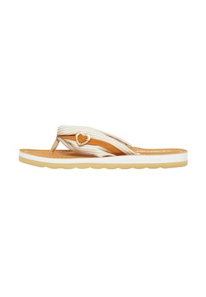 Beige-weiß gestreifte Stoff-Flip-Flop-Sandale mit braunem Fußbett, weißer Zwischensohle, brauner Sohle und goldener herzförmiger Schnalle am Riemen.