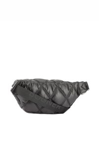 Svart vadderad necessär med en slät yta, med en bred rem präglad med "BOGNER." Designen är kompakt och kantig.