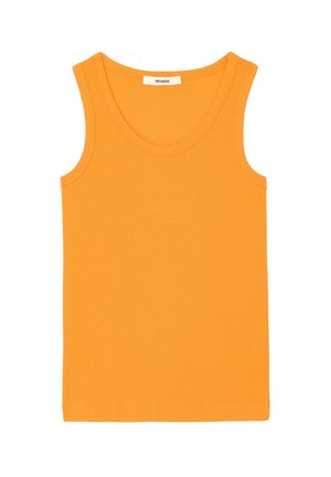 Débardeur sans manches en maille côtelée orange vif avec encolure ronde, posé à plat sur fond blanc.