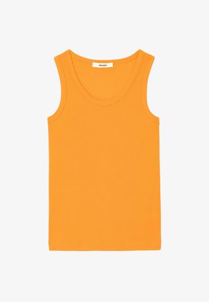 Débardeur sans manches en maille côtelée orange vif avec encolure ronde, posé à plat sur fond blanc.