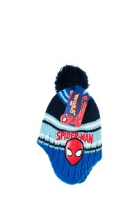 Dziecięca czapka dzianinowa w niebieskie, granatowe i jasnoniebieskie paski. Posiada duży emblemat Spider-Mana, pompon na czubku oraz naszywkę z logo.