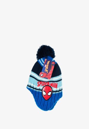 Berretto in maglia blu, blu navy e righe azzurre. Presenta un grande emblema di Spider-Man, pompon in cima e un'etichetta con il logo.