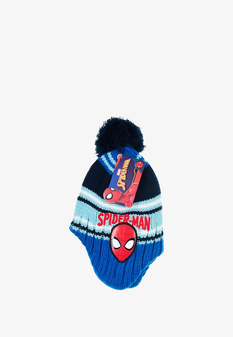 Bonnet en tricot avec des rayures bleues, marine et bleues claires. Il arbore un grand emblème de Spider-Man, un pompon sur le dessus et une étiquette avec le logo.