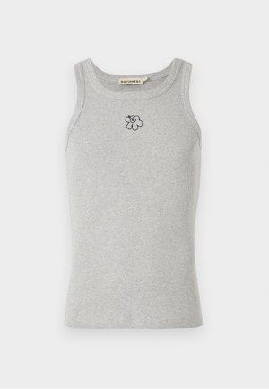 Canotta grigia a costine con scollatura rotonda e un piccolo ricamo di fiore nero al centro. Realizzata in tessuto morbido per il massimo comfort.