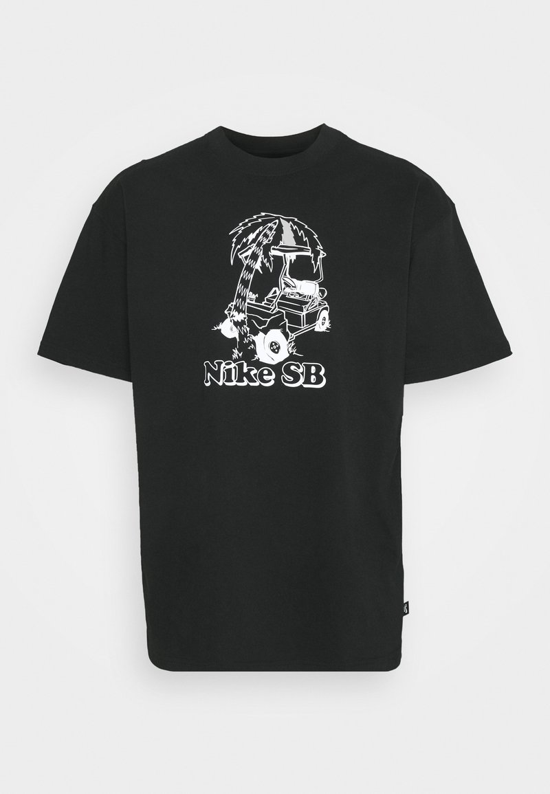 Czarna koszulka z białym graficznym wzorem palmowego drzewa i wózka golfowego, z napisem "Nike SB" poniżej ilustracji.