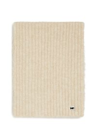 Coperta lavorata a maglia beige con texture a coste verticali, material morbido in lana e piccolo logo nella parte inferiore.