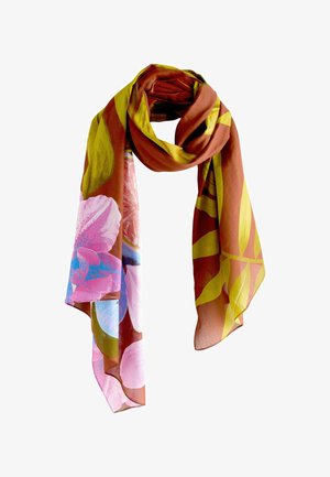 Virágmintás sál, nagy rózsaszín és kék virágokkal barna és zöld háttéren. Könnyű anyagból készült, sima tapintású.