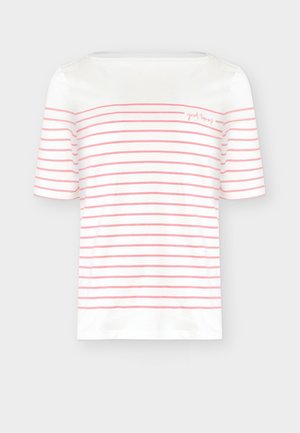 Weißes kurzärmeliges Hemd mit horizontalen rosa Streifen und kleinem Text "good times" auf der oberen linken Brust.