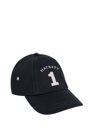 Gorra azul marino hecha de tela con visera curvada. Presenta el texto bordado en blanco "HACKETT" y "1" en la parte frontal. Ojales de ventilación metálicos.