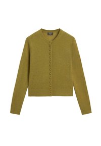 Cardigan verde oliva con bottoni, collo rotondo e maniche lunghe, caratterizzato da un tessuto lavorato a maglia testurizzato e bottoni allineati verticalmente.