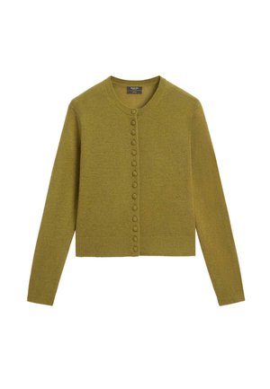 Cardigan verde oliva con bottoni, collo rotondo e maniche lunghe, caratterizzato da un tessuto lavorato a maglia testurizzato e bottoni allineati verticalmente.